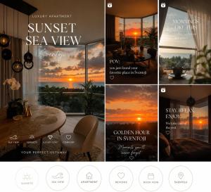 a collage of photos of a sunset seen through a window at ToVa Apartamentai in Šventoji