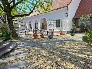 a patio with potted plants in front of a building at Mitter-ház Panzió in Zalaszentgrót