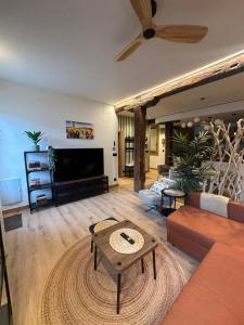 a living room with a couch and a flat screen tv at Pensión Boutique Caravan Cinema in Bilbao