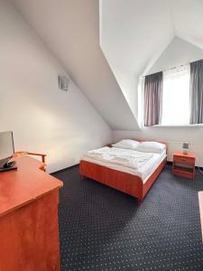 a bedroom with a bed and a desk in a room at Hotel Jan in Zgorzelec +17 photos