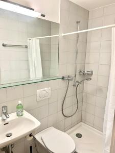 a bathroom with a shower and a toilet and a sink at Downtown Flats - Lake Lucerne in Lucerne