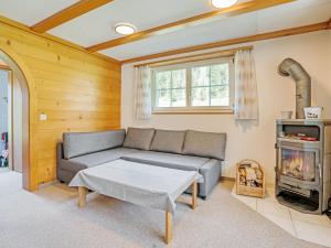 a living room with a couch and a fireplace at Sonniges Chalet mit fantastischem Bergblick in Lenk