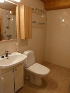 a bathroom with a white toilet and a sink at Holidayhome RintintinTahko in Tahkovuori