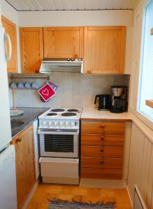 a kitchen with a stove and wooden cabinets at Holidayhome RintintinTahko in Tahkovuori