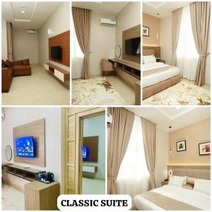 a collage of four pictures of a hotel room at Habor Hotel & Suites- Abuja in Abuja