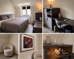 two pictures of a bedroom with a bed and a desk at B&B Saint Pierre in Maastricht