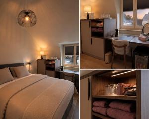two pictures of a bedroom with a bed and a kitchen at B&B Saint Pierre in Maastricht