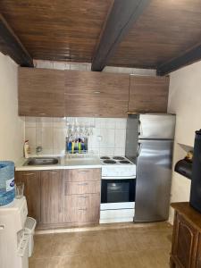 a kitchen with wooden cabinets and a stainless steel refrigerator at Lake Escape Dodoši in Dodoši