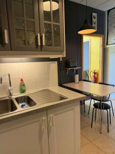 a kitchen with a sink and a counter top at Guesthouse Langafit in Laugarbakki