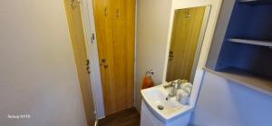 a bathroom with a sink and a mirror at No 21 The Tummel in Forfar +9 photos