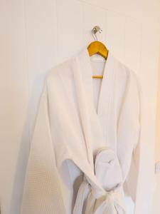 a white shirt on a hanger in a closet at Kestrel Lodge - hot tub , sauna, EV and bike storage in Aviemore +34 photos