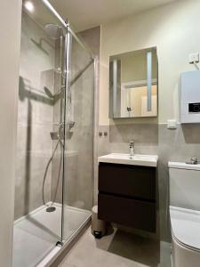 a bathroom with a shower and a sink at Apartments am Burgberg in Bad Harzburg +11 photos