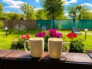 two coffee mugs sitting on a table with flowers at Serenity Garden Villa in Runcu