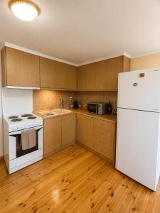 a kitchen with a white refrigerator and wooden cabinets at Belle Elle Villa in Drymon