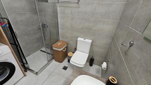 a small bathroom with a shower and a toilet at Estia Chios Apartments B3 in Karfas