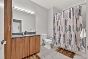 a bathroom with a toilet and a sink and a mirror at Spacious & Modern 2BR 2BA unit in assembly square in Somerville +29 photos