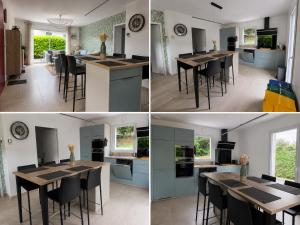 four different views of a kitchen and dining room at Villa 2 étoiles Etxe Xumea in Aldudes
