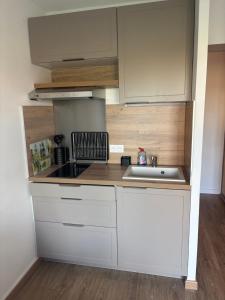 a kitchen with white cabinets and a sink at 423 Résidence Aphrodite naturiste in Leucate-Plage