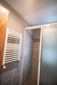 a shower with a glass door in a bathroom at Edificios Refugio in Nevados de Chillan