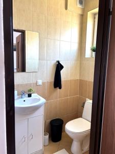 a bathroom with a sink and a toilet and a mirror at Big Foot by MANGO Food&Bar in Karwia +26 photos