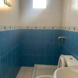 a blue tiled bathroom with a toilet and a window at Dyar Abdellatif in Kelibia +20 photos