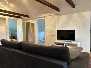 ein Wohnzimmer mit Sofa und Flachbildfernseher in der Unterkunft Sommerfryd in Oslo
