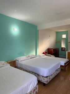 two beds in a room with blue walls at Nathaly aparts iguazú in Puerto Iguazú