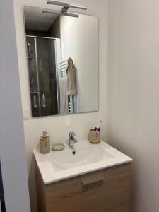 a bathroom with a sink and a mirror at La Dune Dorée Escapade Croteloise in Le Crotoy