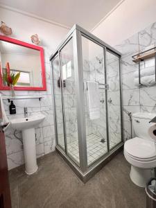 a bathroom with a shower and a toilet and a sink at The Jungle Hotel and Bar in Bocas Town +51 photos