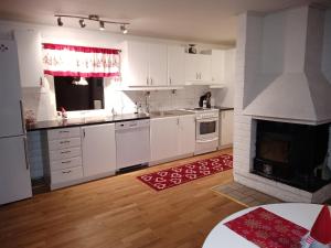 a kitchen with white appliances and a fireplace at Cozy cabin near the river in Kangos
