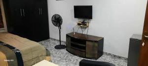 a bedroom with a bed and a television and a fan at Kembod hotel & suite in Ikeja