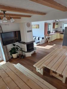 a living room with a flat screen tv and a living room at Rekreační dům Štěpánka in Česká Kubice