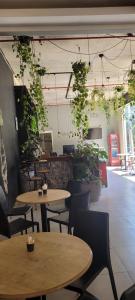 a restaurant with tables and chairs and potted plants at Serra & Sossego in Araras Petropolis