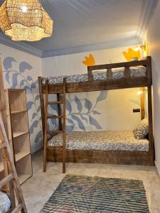 a room with two bunk beds and a chandelier at windora essaouira in Essaouira