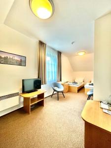 a hotel room with a television and a living room at Penzion Mítkov in Brandýs nad Orlicí