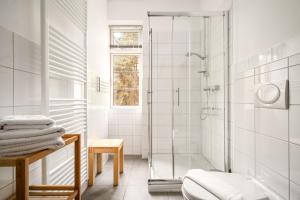 a white bathroom with a shower and a toilet at Hotel Bolter Mühle - DZ Gerstenkammer in Rechlin +20 photos