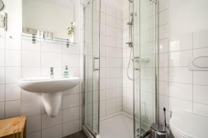 a bathroom with a sink and a shower at Roggenkammer in Rechlin +19 photos