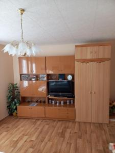 a living room with a television and a chandelier at Ferienwohnung Familie Rudolf in Coswig
