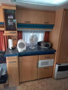 a small kitchen with a stove and a microwave at Ferienwohnwagen Rudolf in Coswig