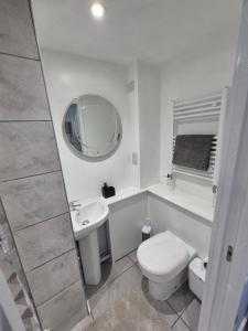a bathroom with a toilet and a sink and a mirror at Ground floor 1 bed flat in Weymouth +5 photos