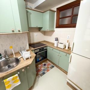 a kitchen with green cabinets and a sink and a refrigerator at Piso en el Corazón de Ferrol in Ferrol