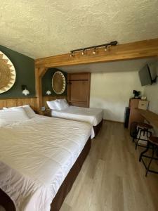 a bedroom with two beds and a desk with a mirror at The Spruce Lodge in South Fork