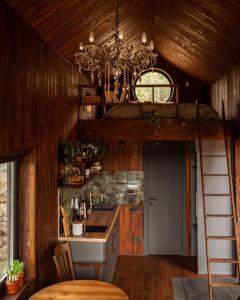 a kitchen with a loft bed in a tiny house at Silence cabin in Myta