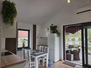 a kitchen with a table and chairs and a refrigerator at Nestor Baron in Borkowo