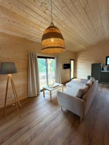 a large living room with a couch and a lamp at Chalet de Saint Martin in Roquefort-des-Corbières