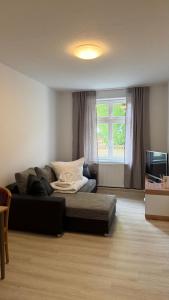 a living room with a bed and a television at FeWo Augusta in Neustrelitz