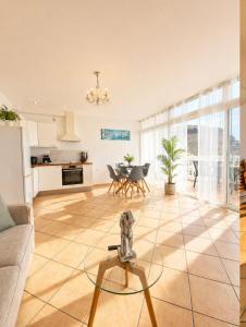 a living room with a dog sitting on a glass table at Lina Mogan in Puerto de Mogán