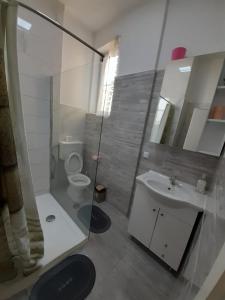 a bathroom with a shower and a toilet and a sink at FG Apartment in Sarajevo +21 photos