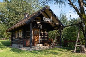 a small log cabin with a roof at Agroturystyka Ropienka in Ropienka
