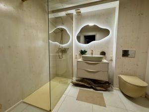 a bathroom with a shower and a sink and a toilet at Cëchô Woda in Parchowo +20 photos